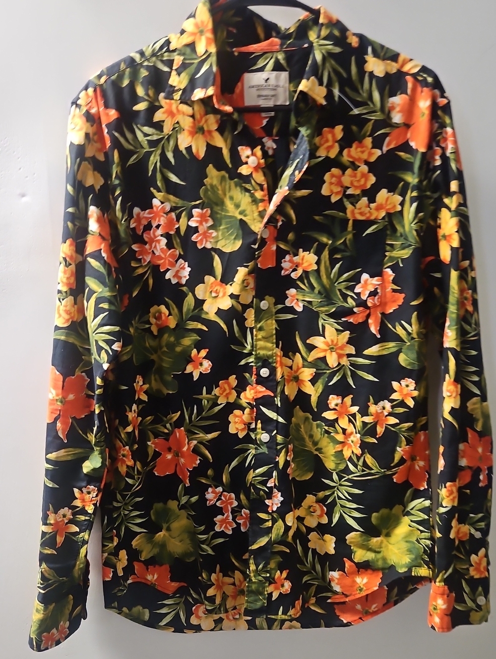 American Eagle Outfitters Black Floral Button-Down with Orange & Yellow Flowers